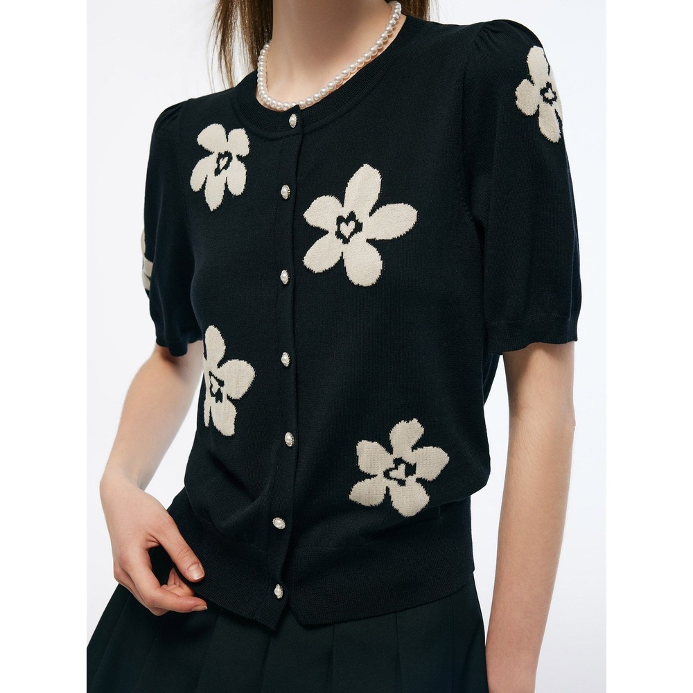 Goelia Cardigan Sweater Size L Black Floral Short Sleeve Silk Blend Pearl Button